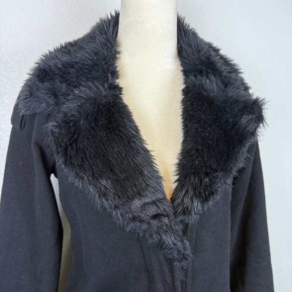 Y2K Hurley Black Faux Fur Trimmed Jacket Coat Faux Leather Patches Women's Small - Picture 3 of 11
